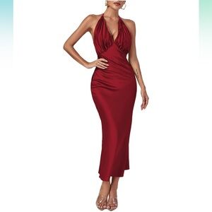 Satin Silk V Neck Self Tie Ruched Backless Midi Cocktail Dress Burgundy Large